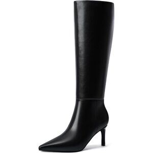 MIRAAZZURRA Women Black Knee High Boots Pointed Toe Kitten with Side Zipper